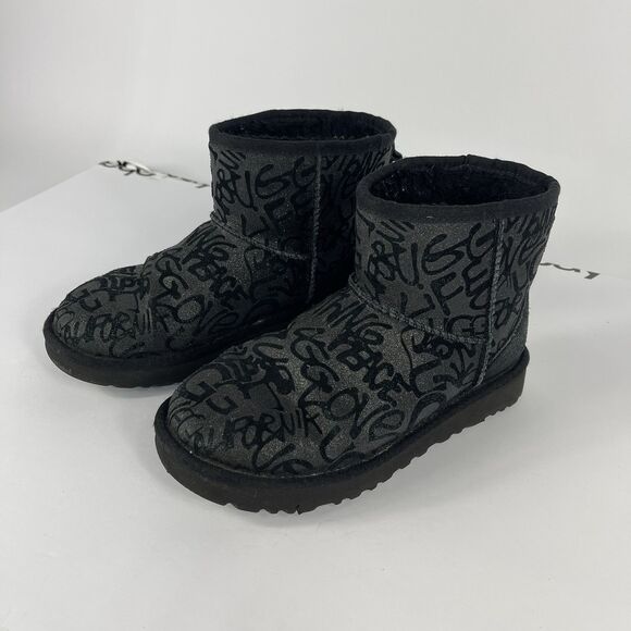 UGG‎ Mini Street Sparkle Graffiti Black Womens Boot Size 6 - Picture 2 of 12